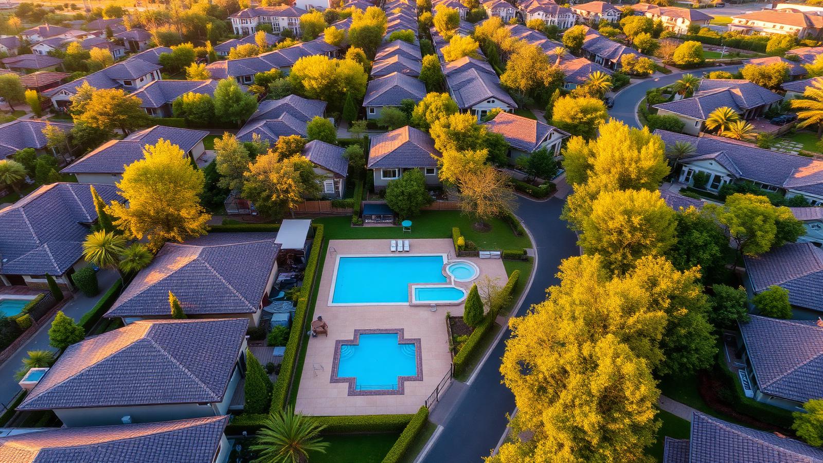 Aerial view of an upmarket Gauteng residential estate at golden hour